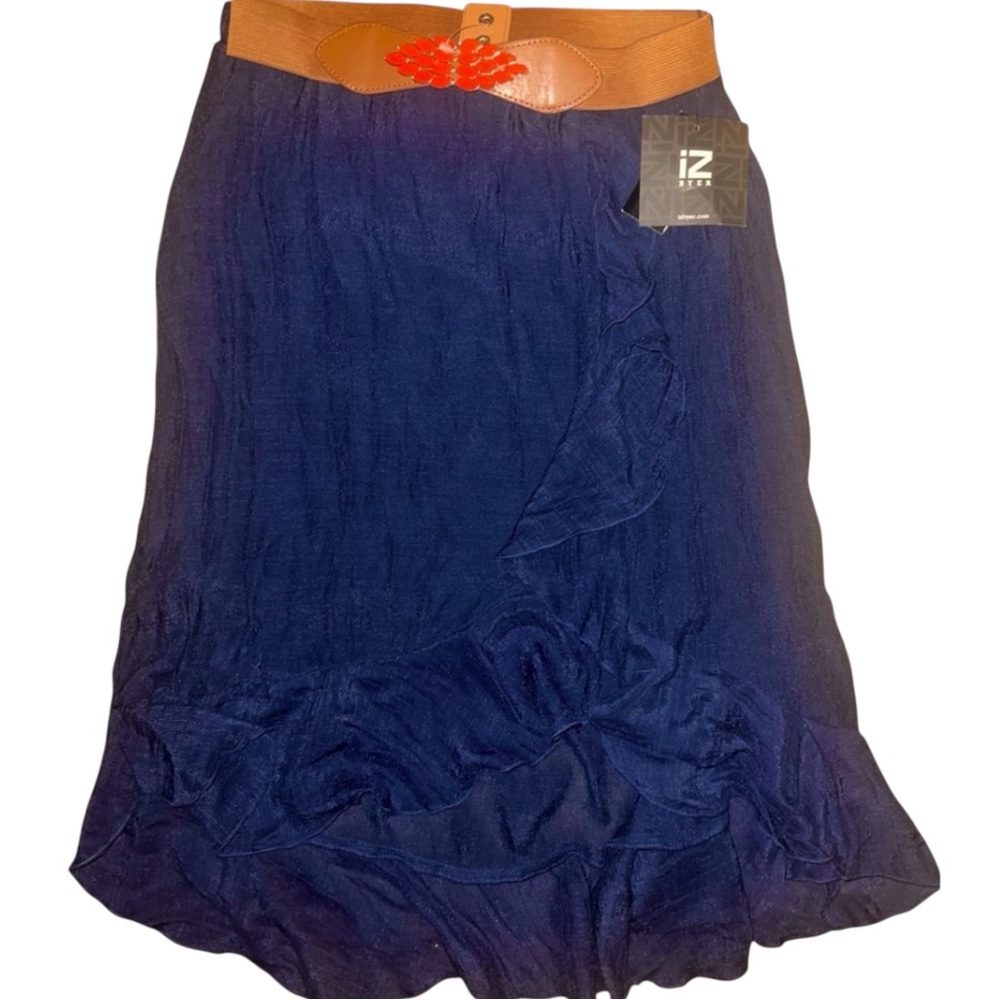 Small Navy Textured Ruffled Midi Skirt With Brown Belt and Gemstones-iZ Byer